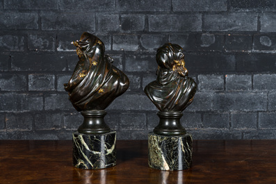 In the manner of Fr&eacute;d&eacute;ric Eug&egrave;ne Piat (1827-1903): A pair of busts after the antiques, patinated and gilt bronze on a marble base, 19th C.