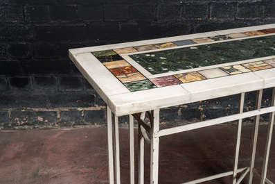 A pietra dura console table with white-lacquered wrought iron base, 19/20th C.