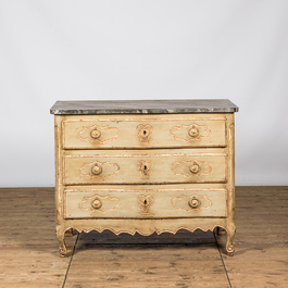 A French Louis XV-style patinated oak wooden chest of drawers with faux marbre top, 18th C.