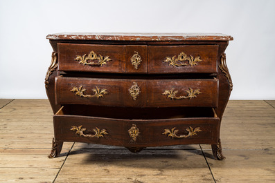 A French Louis XV-style bronze mounted chest of drawers with marble top, 19th C.