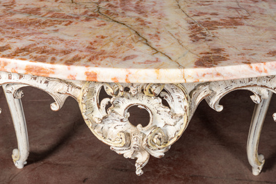 A patinated walnut Louis XV-style console table with marble top, 19th C.