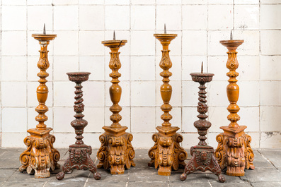 Three pairs of large painted wooden candlesticks, 19th C.
