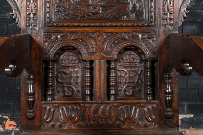 A 17th C.-style English oak Wainscot chair with Juno in her carriage drawn by peacocks, 19th C.