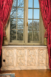 Three faux marble-painted wooden panels with saints mounted as heating frames, 19/20th C.