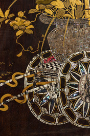 A black lacquered table with polychrome chinoiserie design and mother-of-pearl inlay, ca. 1900