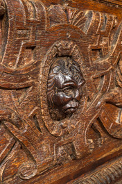 A Norman oak coffer with relief design, 16th C. and later