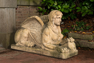 A pair of Retour d'Egypte-style stone models of sphinxes, 20th C.