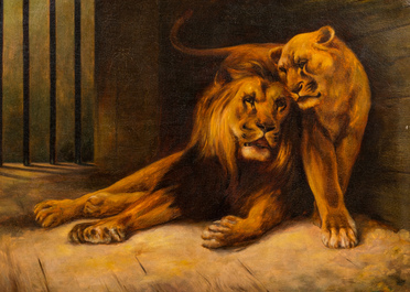 European School: Lion and lioness, oil on canvas, 20th C.