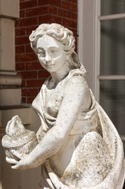 Two large white painted concrete garden statues with allegorical depictions of seasons, 20th C.