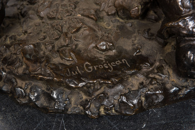 Jules A. Grosjean (?-1906): Miner with wheelbarrow, patinated bronze