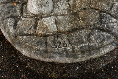 A large concrete garden statue with lighting in the shape of a galant rider on horse, 20th C.