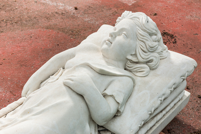 A white marble funerary monument with a sleeping young lady, 20th C.