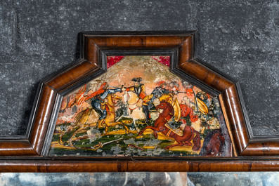 A Dutch mahogany mirror with ebonised frames and a reverse glass painting, 19th C.