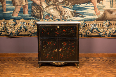 A French painted wooden sideboard with birds on blossoming branches, 19th C.