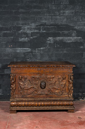 A Norman oak coffer with relief design, 16th C. and later