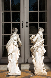 Two large white painted concrete garden statues with allegorical depictions of seasons, 20th C.