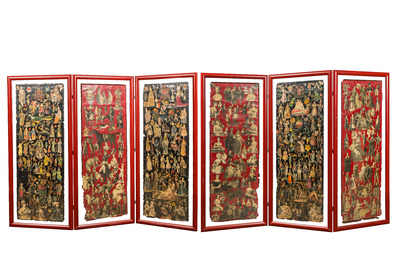 A pair of three-part red lacquered folding screens with collages of historical characters, 19/20th C.