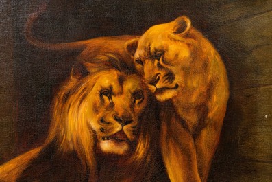 Europese school: Leeuw en leeuwin, olie op doek, 20e eeuw