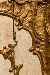 A patinated and gilt Louis XV corner cupboard with faux marble top, 18th C.