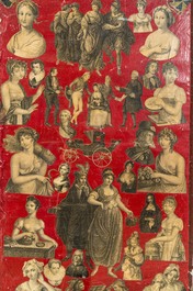 A pair of three-part red lacquered folding screens with collages of historical characters, 19/20th C.