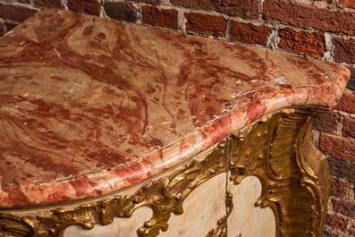 A patinated and gilt Louis XV corner cupboard with faux marble top, 18th C.