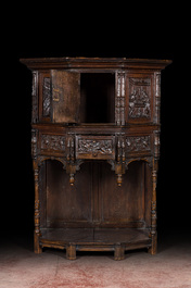 A carved oak wooden credenza, 17th C. with later elements