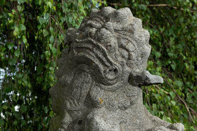 Een paar Chinese basaltstenen sculpturen van tempelleeuwen in Ming-stijl, 19/20e eeuw