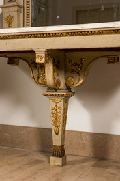 An impressive French Empire-style gray-patinated and gilt wooden mirror console with marble top, 19th C