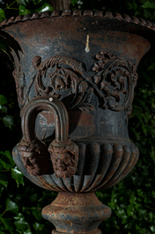 A pair of French cast iron garden vases on stands, 20th C.