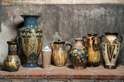 Sept vases en gr&egrave;s &eacute;maill&eacute; polychrome, e.a. Roger Gu&eacute;rin, Perignem, Losson et Dubois, 20&egrave;me