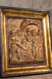 A partly gilt Mechelen alabaster relief depicting the raising of Lazarus, studio Nicolaes Daems, first half 17th C.