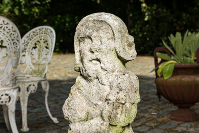 A pair of carved stone roof ornaments with historical warriors, 19th C.