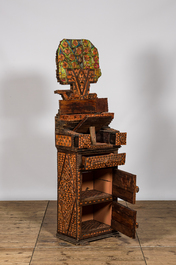 A North African fantasy cabinet with wooden and plastic parquetry, 20th C.