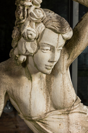 A white painted concrete garden urn flanked by the goddess Flora on matching stand, 20th C.