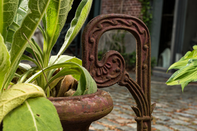 A pair of cast iron garden vases, 20th C.