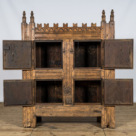 A Gothic wrought iron mounted wooden cabinet, Germany or France, 15/16th C. and later