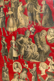 A pair of three-part red lacquered folding screens with collages of historical characters, 19/20th C.