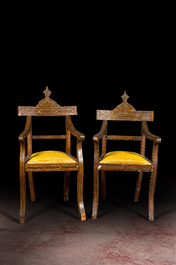 A pair of North African bone-inlaid wooden chairs with silk upholstery, 19th C