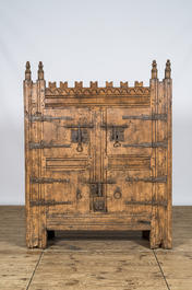 A Gothic wrought iron mounted wooden cabinet, Germany or France, 15/16th C. and later
