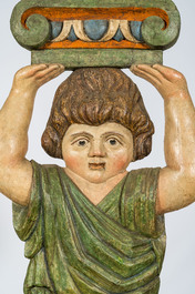 Two polychrome wooden reliefs of Erato holding her lyre and  of a young atlant, 19th C.