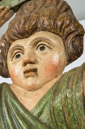 Deux reliefs en bois sculpt&eacute; et polychrom&eacute; figurant Erato et sa lyre et un jeune atlant, 19&egrave;me