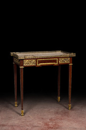 A French Louis XVI-style bronze and brass mounted mahogany side table with marble top, 19/20th C.