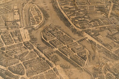 Michel Etienne Turgot (1690-1751): Plan de Paris, gravure sur papier, mont&eacute; sur ch&acirc;ssis en bois, ca. 1739