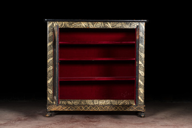 A Gothic Revival bookcase with black- and gold-painted rural scenes and foliage, 19th C.