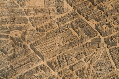 Michel Etienne Turgot (1690-1751): Plan de Paris, gravure sur papier, mont&eacute; sur ch&acirc;ssis en bois, ca. 1739