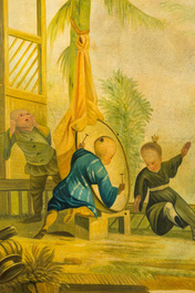 Vier grote beschilderde doeken met chinoiserie decor van spelende jongens, 20e eeuw