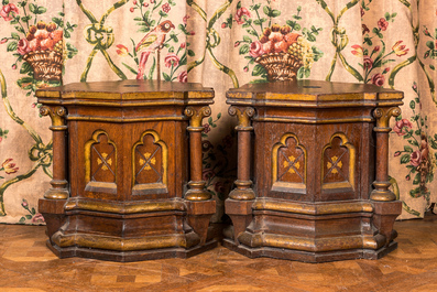 A pair of partly gilt wooden Gothic Revival stands, 19th C.