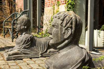 A pair of Retour d'Egypte-style stone models of Antonius and Cleopatra in shape of sphinxes, 19/20th C.