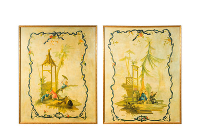 Four large painted canvases with chinoiserie scenes of playing boys, 20th C.