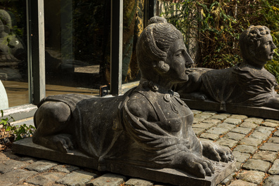 A pair of Retour d'Egypte-style stone models of Antonius and Cleopatra in shape of sphinxes, 19/20th C.